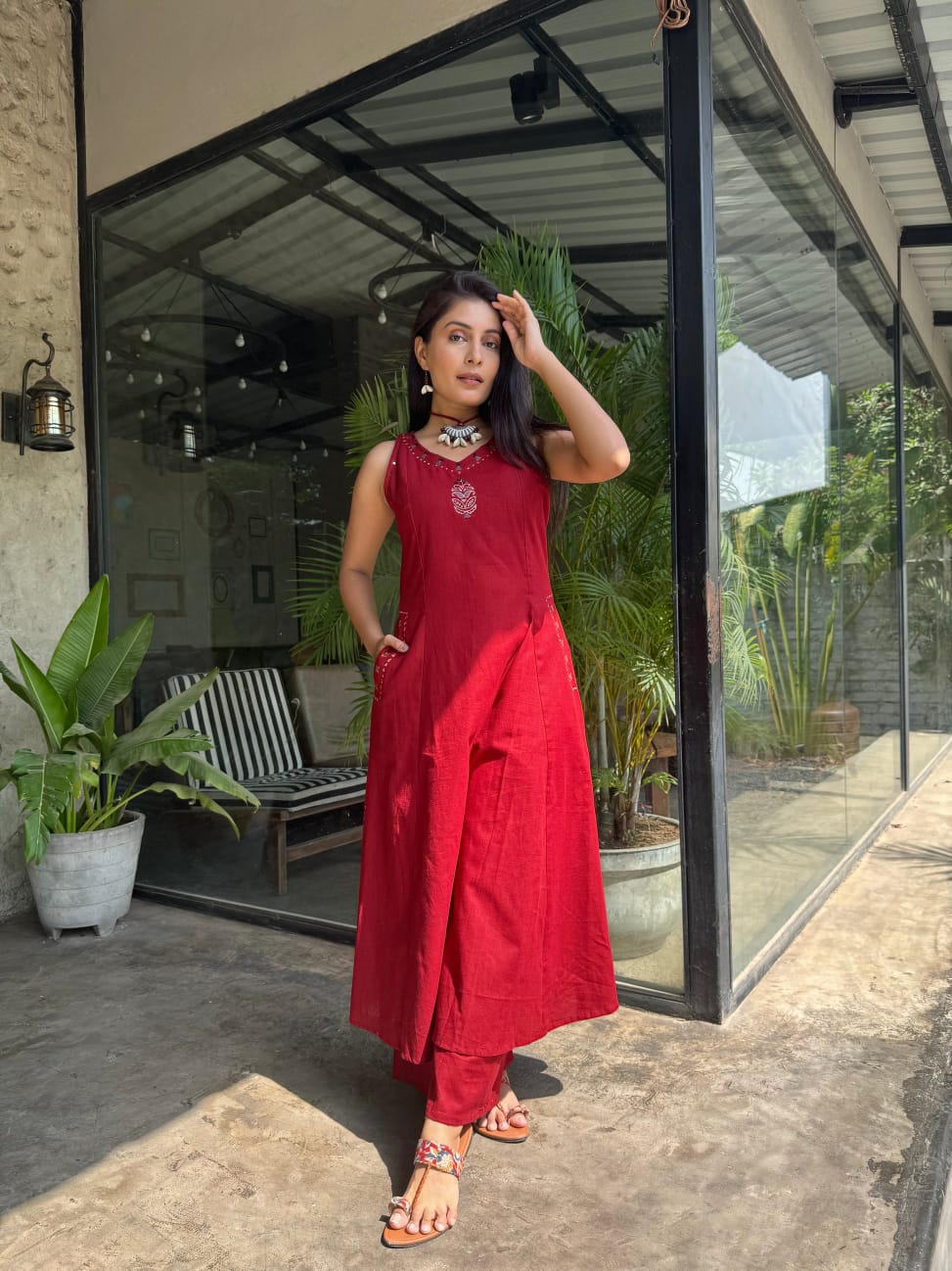 EMBROIDERY WORK A LINE KURTI PANT SET WITH BOTH SIDES POCKETS sett