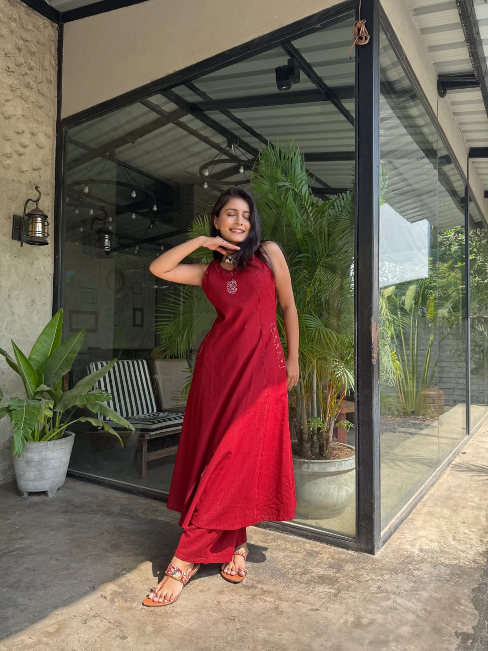EMBROIDERY WORK A LINE KURTI PANT SET WITH BOTH SIDES POCKETS sett