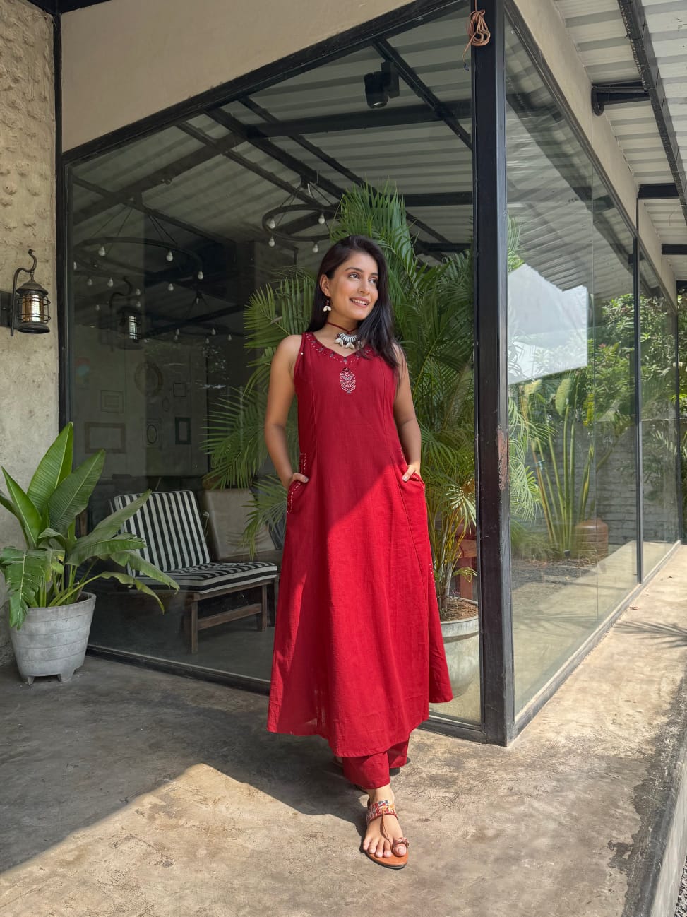 EMBROIDERY WORK A LINE KURTI PANT SET WITH BOTH SIDES POCKETS sett