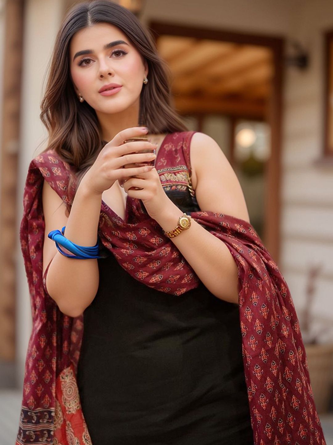 Round Neck A-Line Kurta With Palazzos & Dupatta
