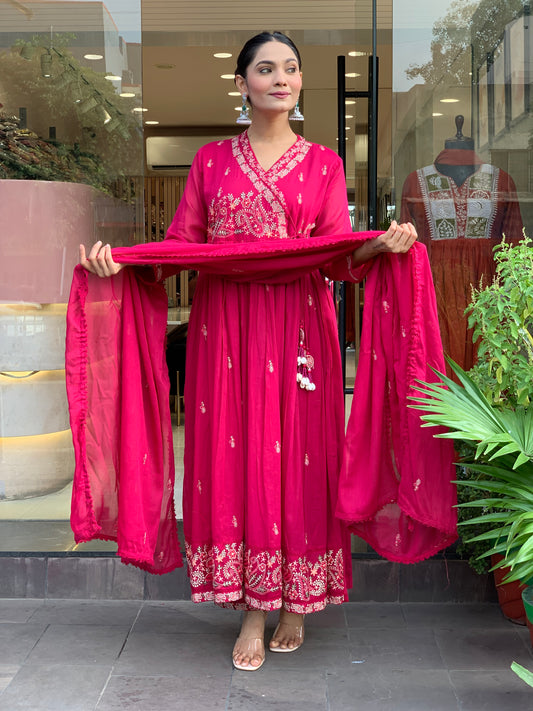 Women Pink Cotton Angrakha Kurta Pant and Dupatta set