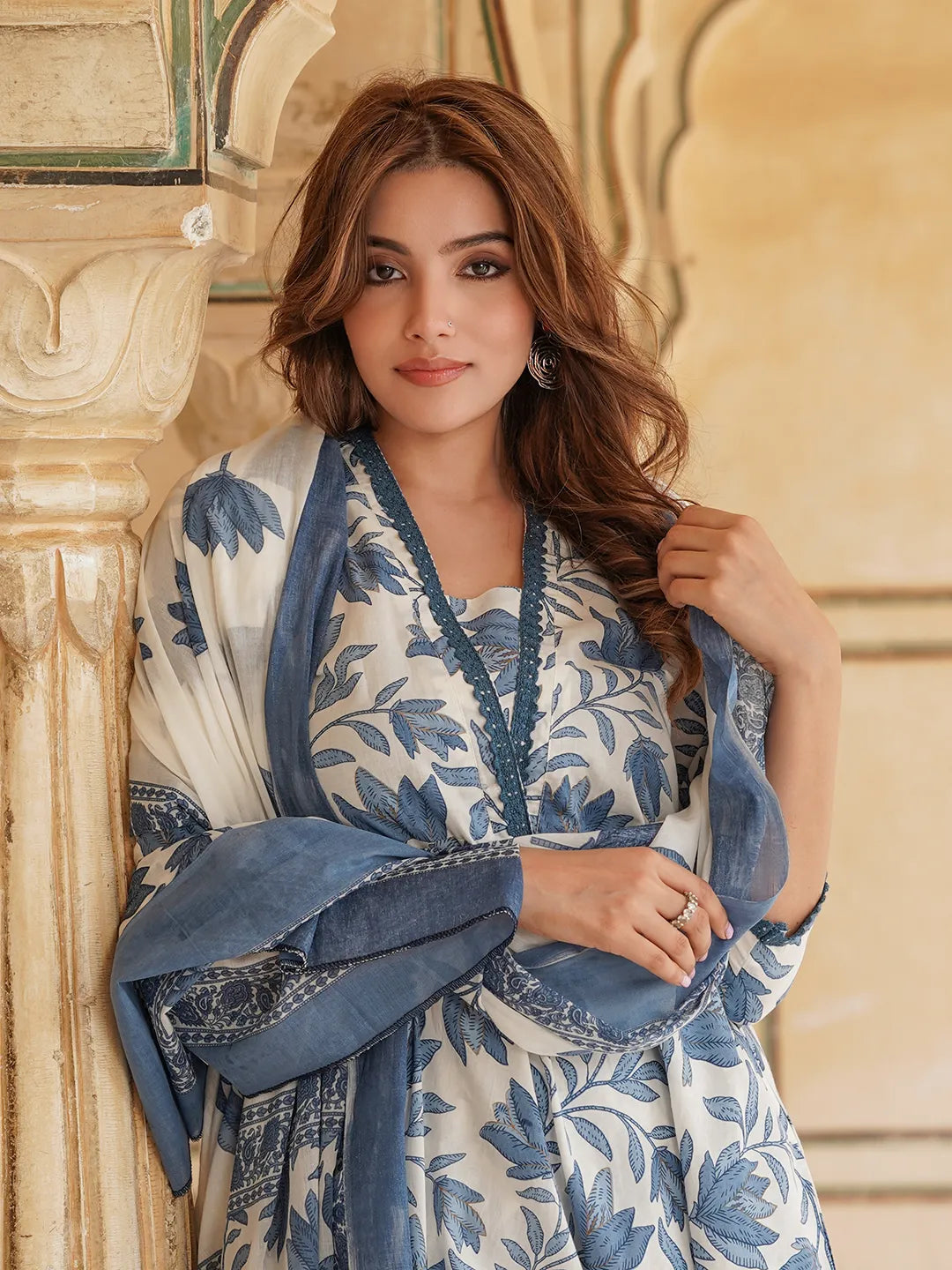 Floral Printed Anarkali Pure Cotton Kurta with Trousers & Dupatta