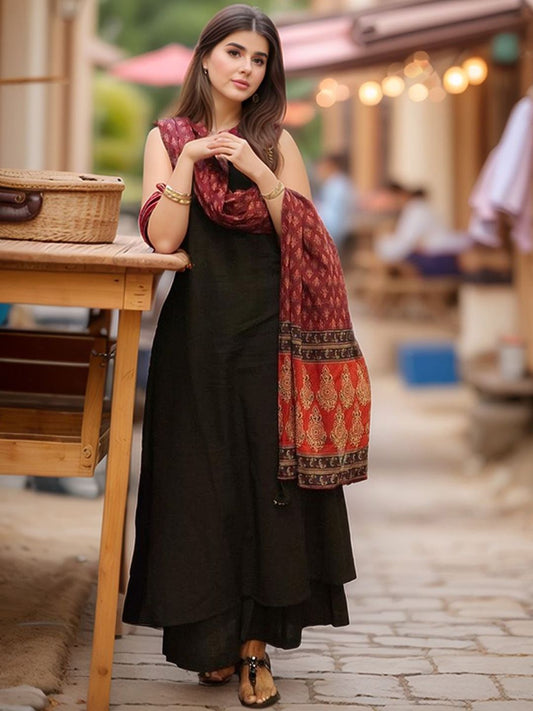 Round Neck A-Line Kurta With Palazzos & Dupatta