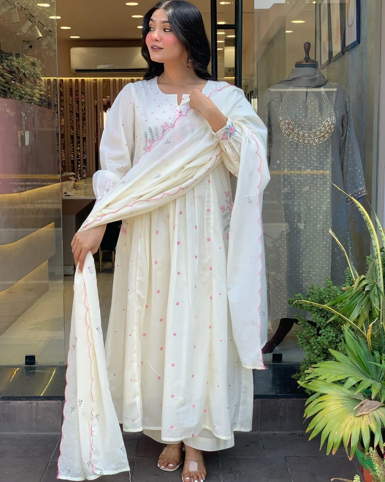 Women White Super Dyeing Cotton Embroidery Kurta Pant and Dupatta set