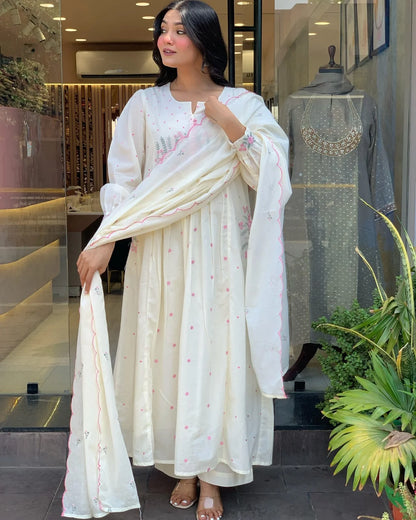 Women White Super Dyeing Cotton Embroidery Kurta Pant and Dupatta set