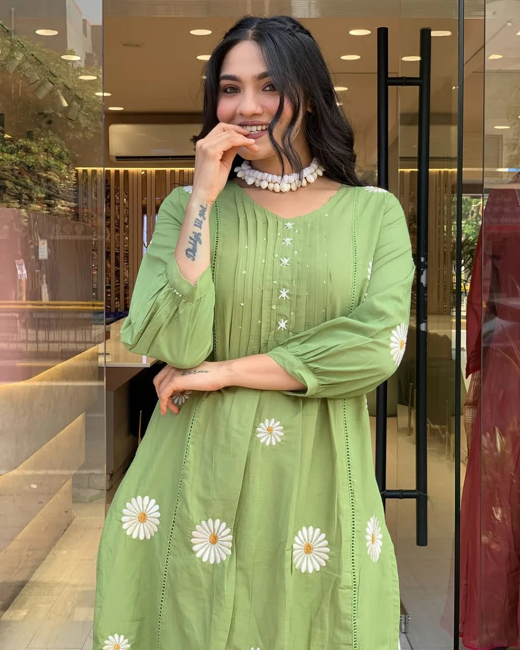 Women Green Cotton Embroidery Flowers Kurta Pant and Dupatta set