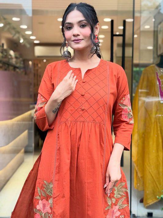Women Orange Cotton Dreamy Embroidery Kurta Pant and Dupatta set