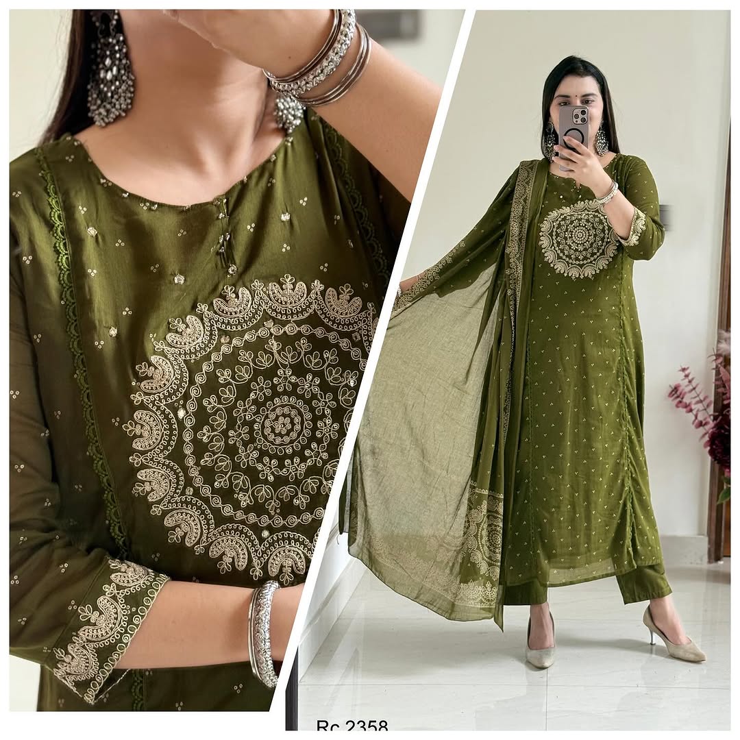 Women Green Cotton Embroidery Circle Kurta Pant and Dupatta set