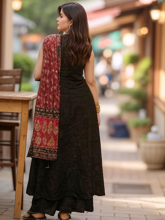 Round Neck A-Line Kurta With Palazzos & Dupatta